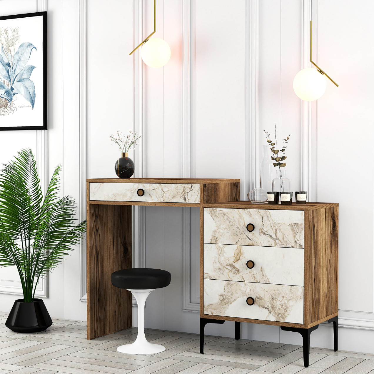 Modern Walnut Makeup Vanity Set with Drawers & Cabinet Dressing Table Mirror  & Stool - Cocochairs